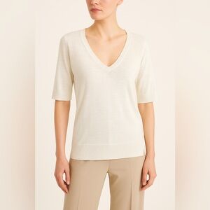 Brochu Walker Cotton Linen V Neck Sweater XS Ivory Short Sleeve Minimalist